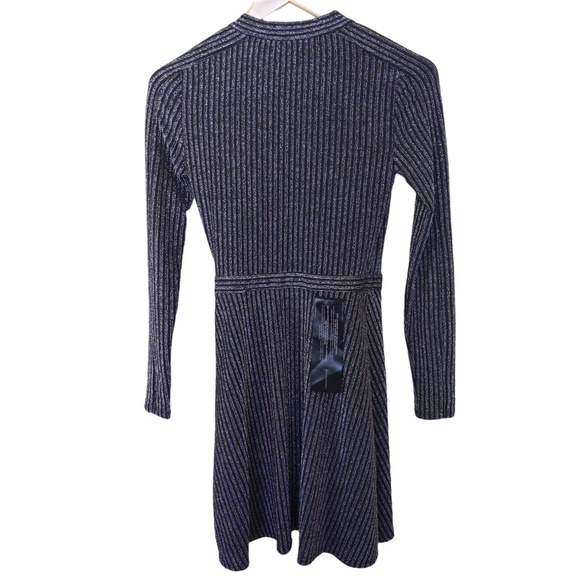 BCBGMAXAZRIA Women's Black Silver Metallic Sparkle Long Sleeve Mini Wrap Dress - Picture 5 of 10